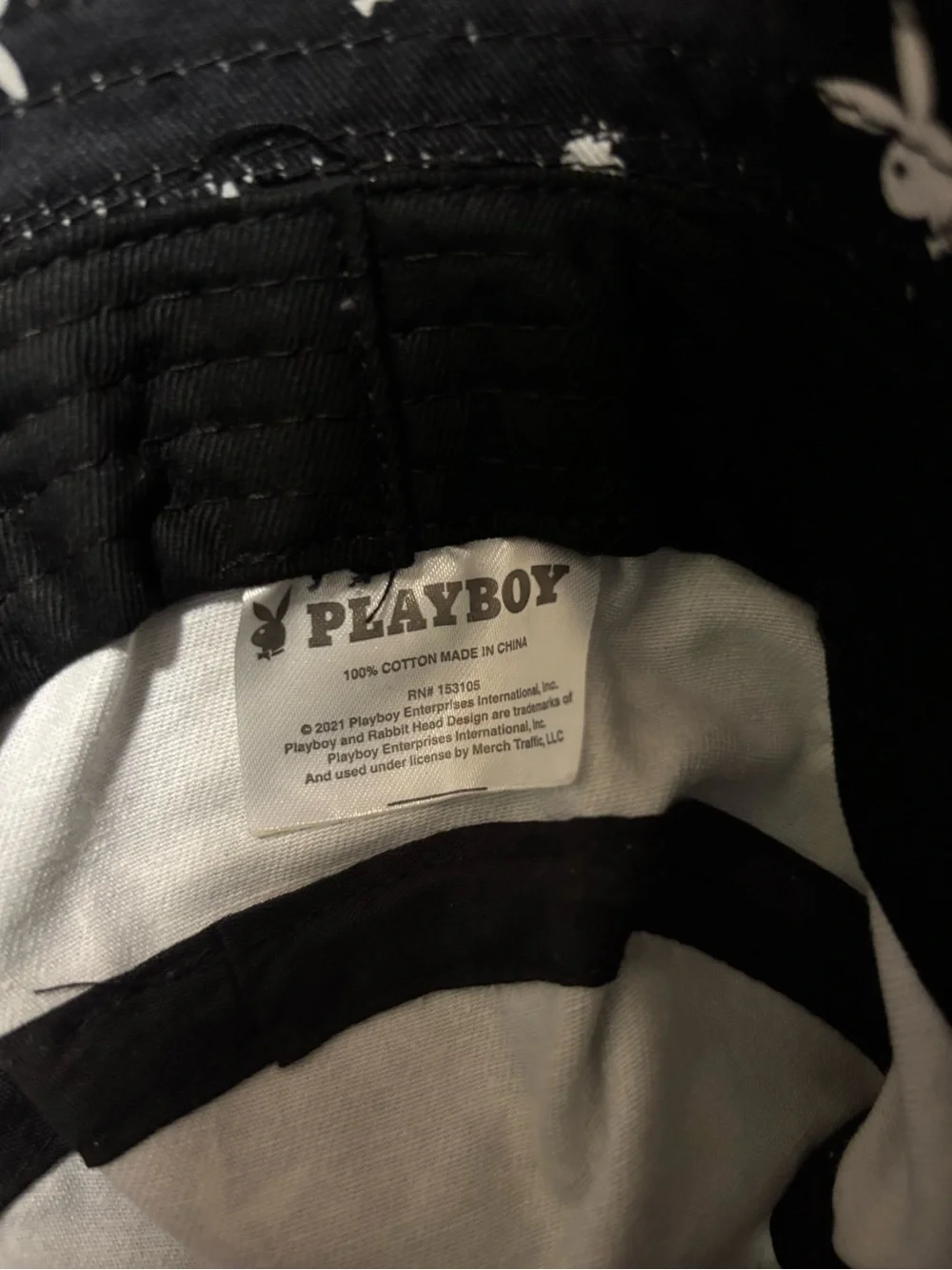 PLAYBOY Black Bucket Hat with White Bunny Motif 100% Cotton